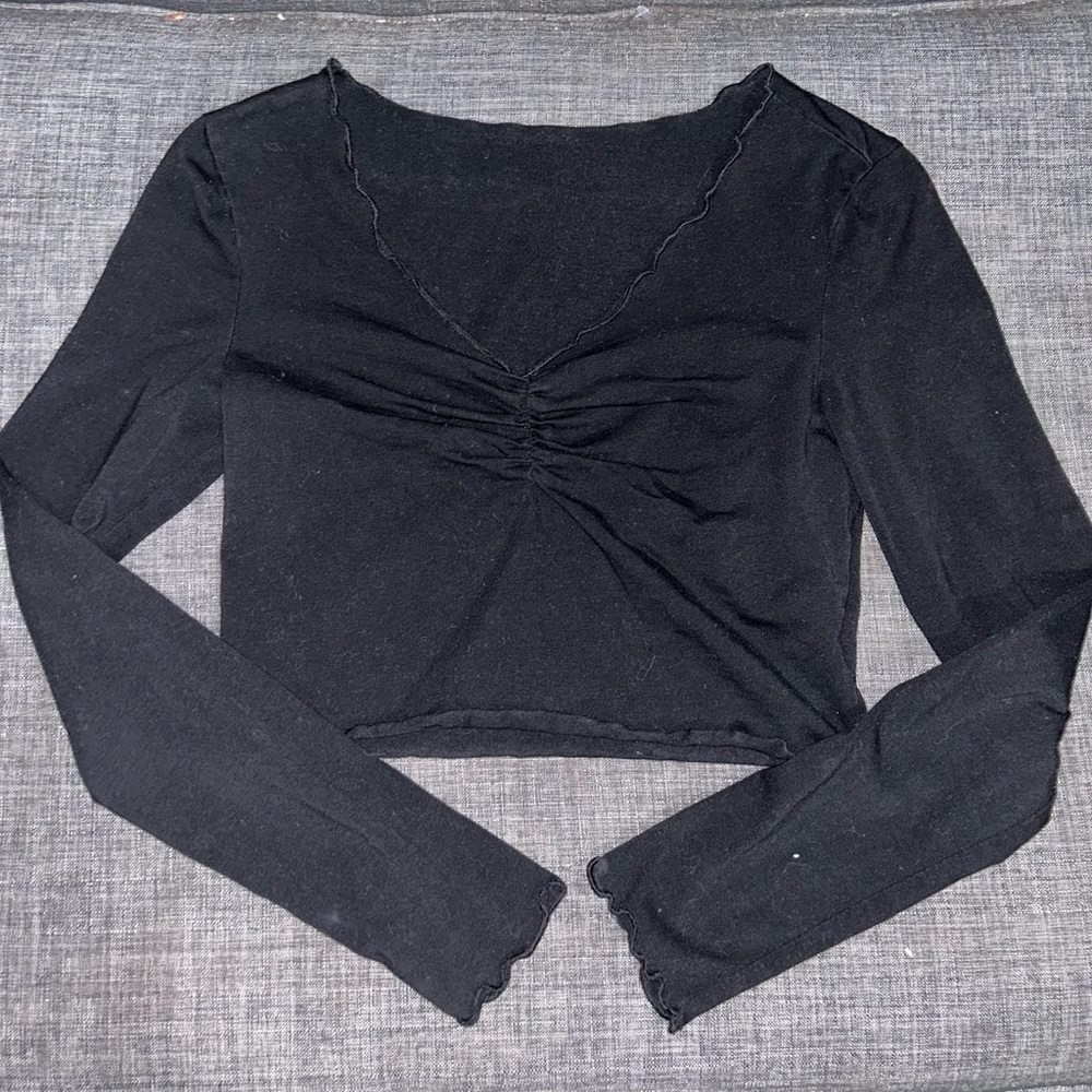 Black Long-sleeve Waffle Edge Crop